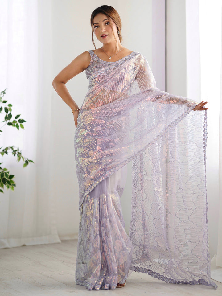Charming Lavender Sequins Net Party Wear Saree With Blouse