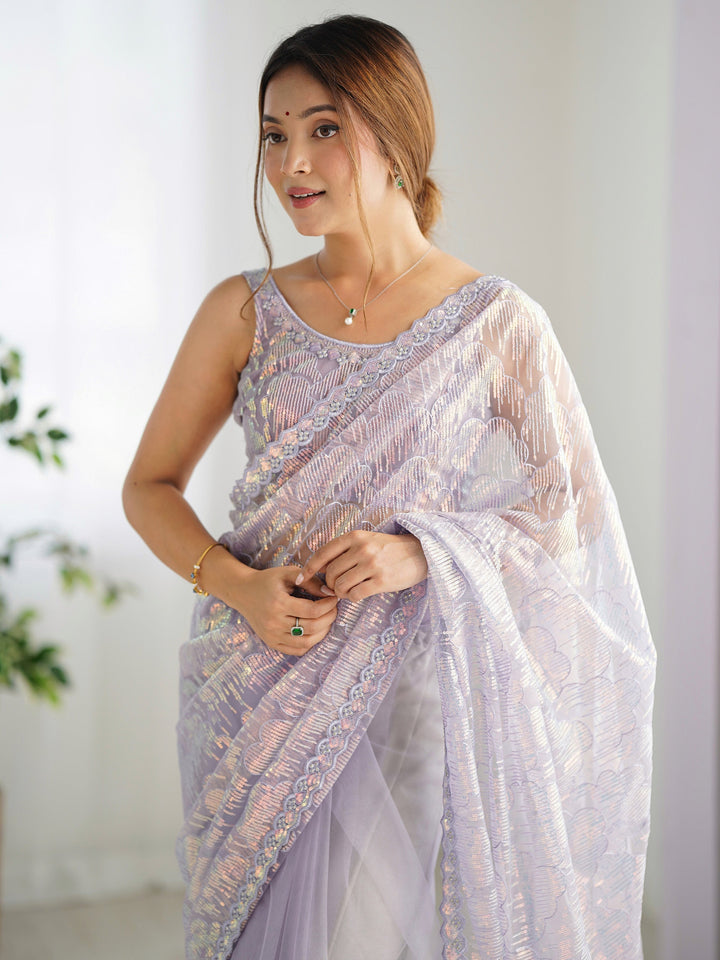 Charming Lavender Sequins Net Party Wear Saree With Blouse