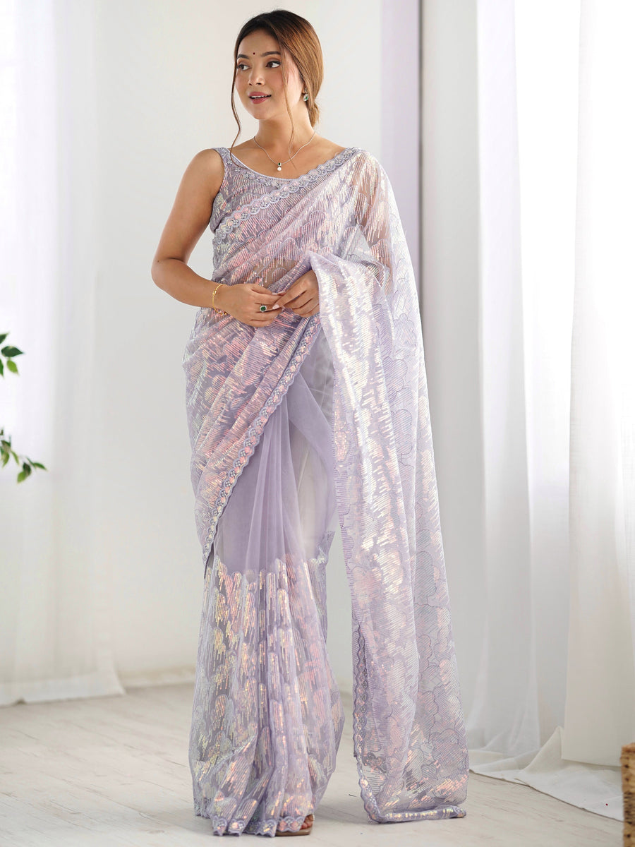 Charming Lavender Sequins Net Party Wear Saree With Blouse