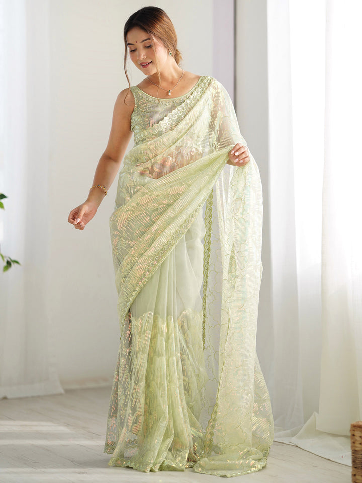 Attractive Pista Green Sequins Net Festival Wear Saree With Blouse
