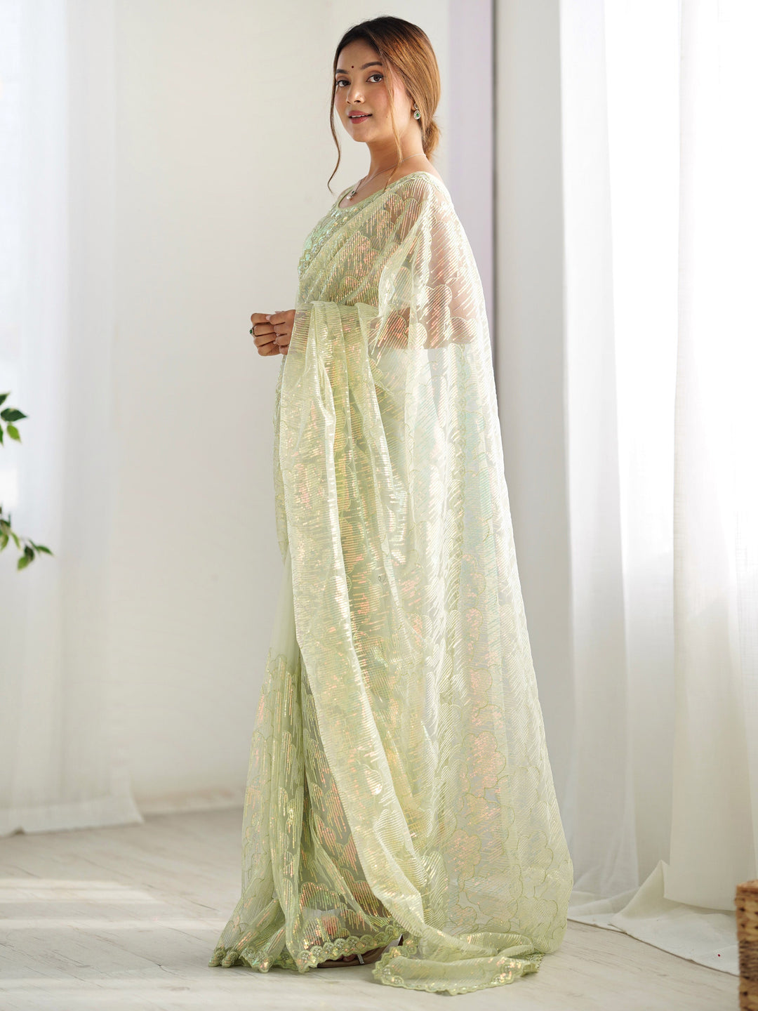 Attractive Pista Green Sequins Net Festival Wear Saree With Blouse