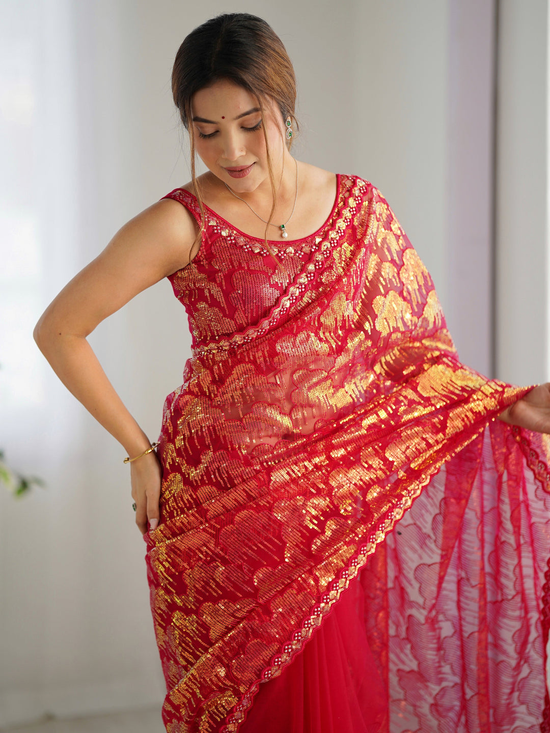 Fascinating Red Sequins Net | Festival Wear Saree With Blouse Exclusive