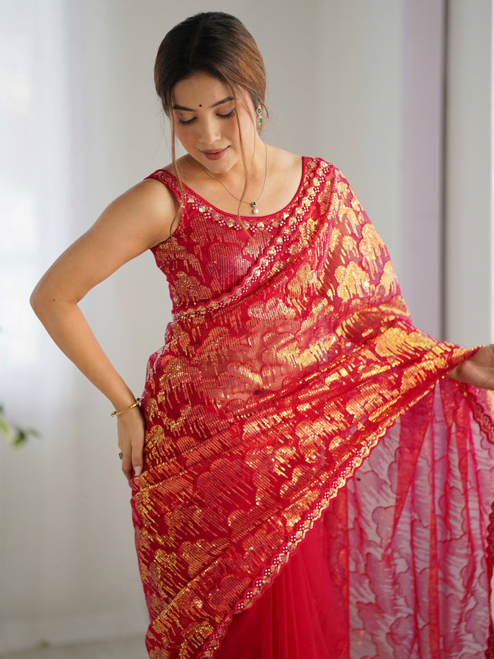 Fascinating Red Sequins Net | Festival Wear Saree With Blouse Exclusive
