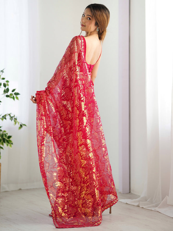 Fascinating Red Sequins Net | Festival Wear Saree With Blouse Exclusive