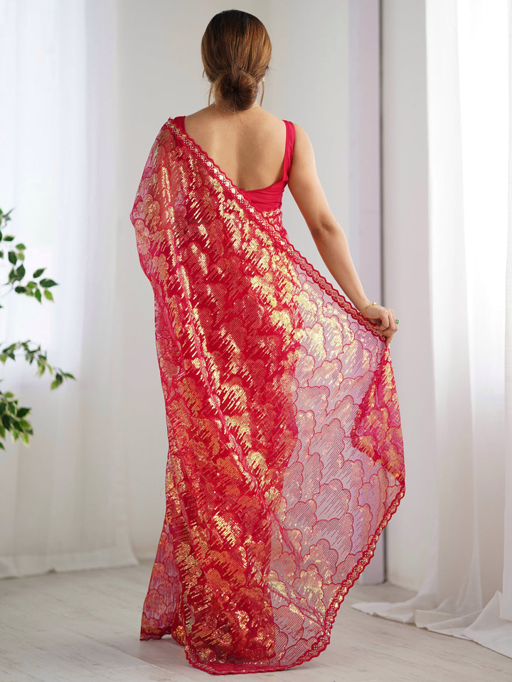 Fascinating Red Sequins Net | Festival Wear Saree With Blouse Exclusive