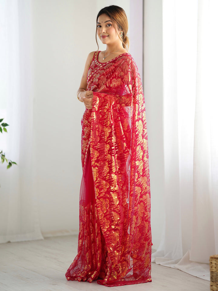 Fascinating Red Sequins Net | Festival Wear Saree With Blouse Exclusive