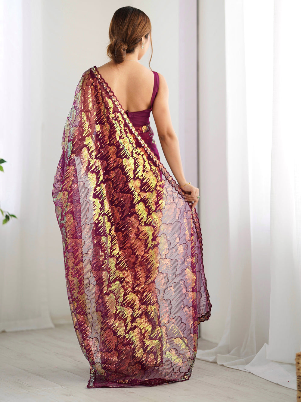 Bewitching Wine Sequins Net Reception Wear Saree With Blouse
