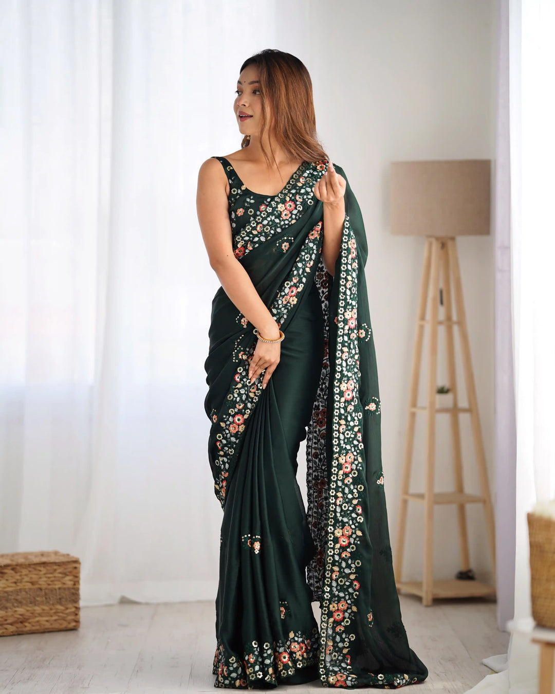 Elegant Satin-Chiffon Saree | Multi-Thread & Sequence Embroidery for Weddings