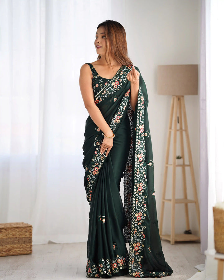 Elegant Satin-Chiffon Saree | Multi-Thread & Sequence Embroidery for Weddings