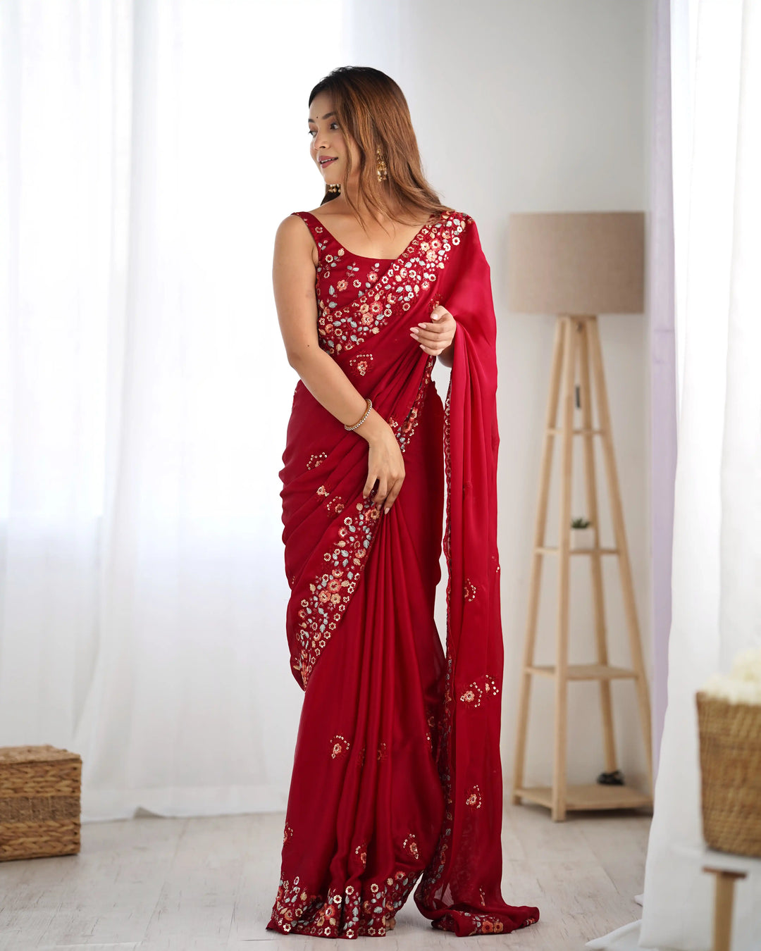 Elegant Satin-Chiffon Saree | Multi-Thread & Sequence Embroidery for Weddings