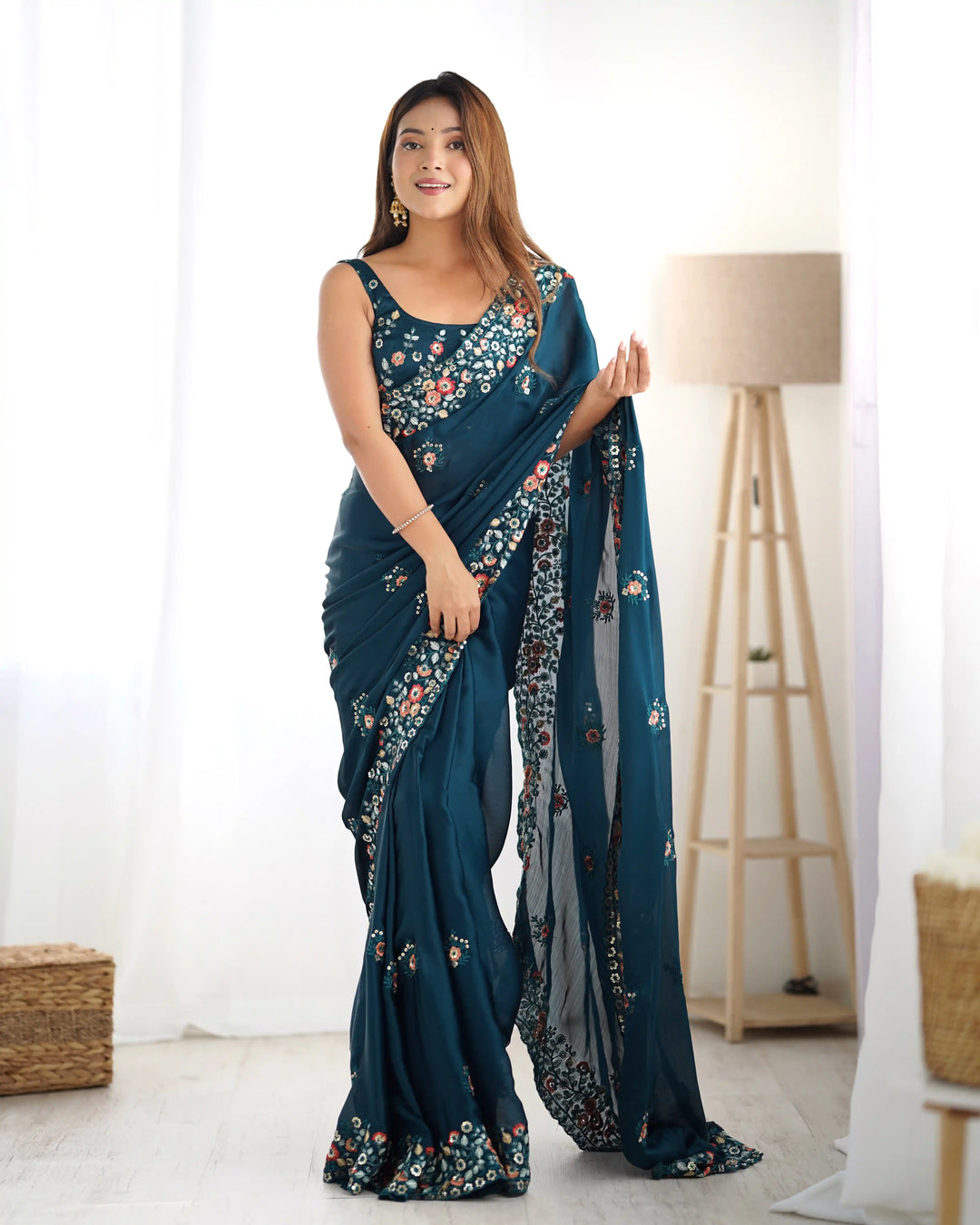 Elegant Satin-Chiffon Saree | Multi-Thread & Sequence Embroidery for Weddings
