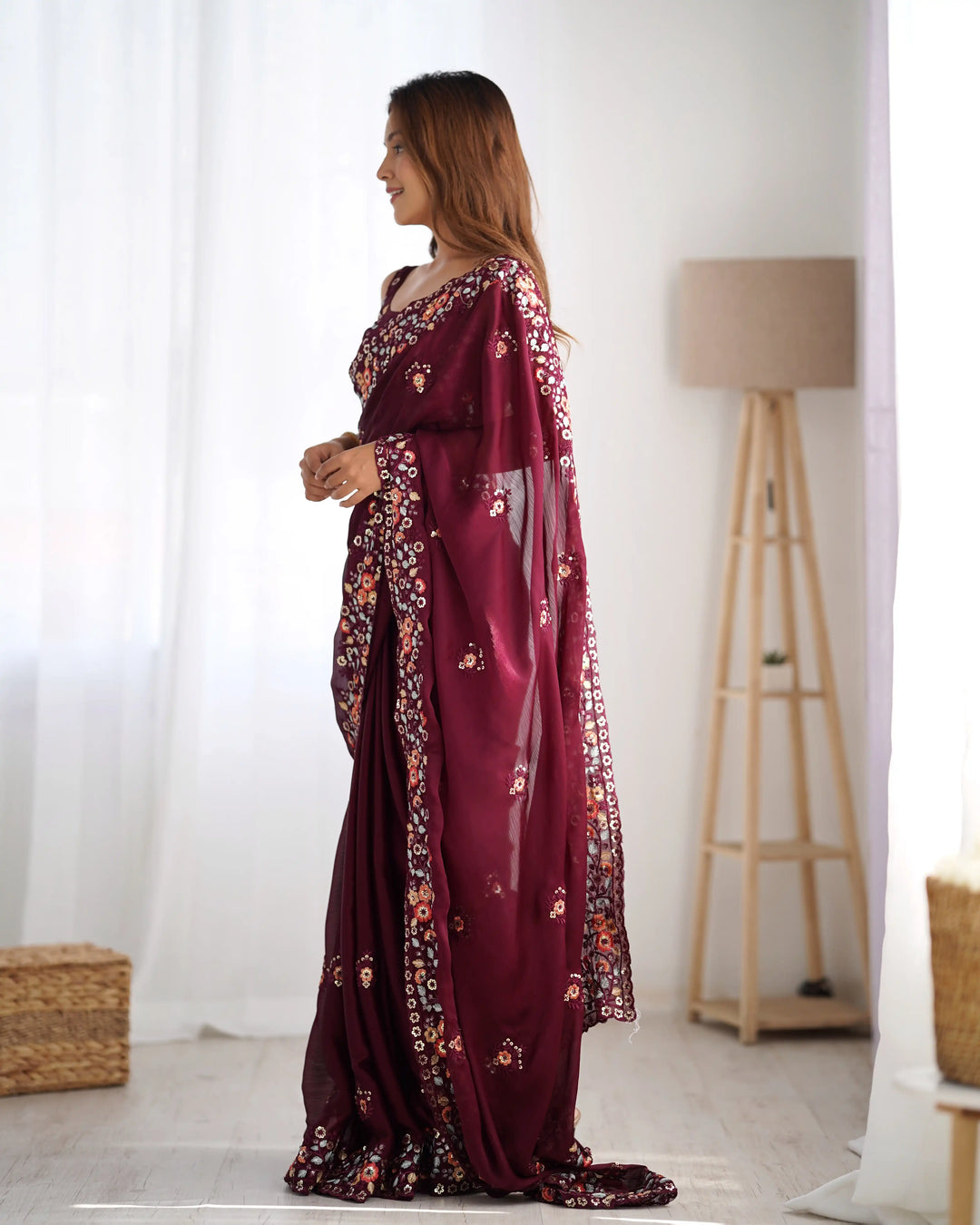 Elegant Satin-Chiffon Saree | Multi-Thread & Sequence Embroidery for Weddings