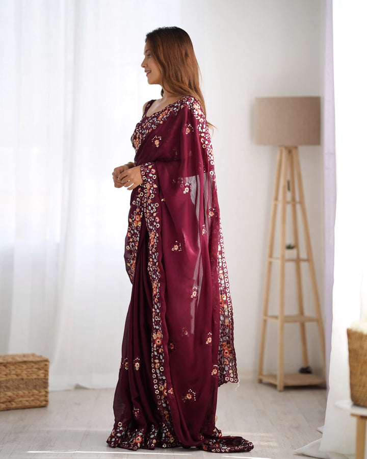 Elegant Satin-Chiffon Saree | Multi-Thread & Sequence Embroidery for Weddings