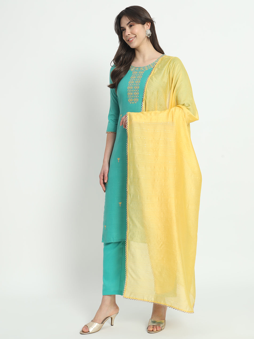 Elegant Turquoise Suit | Cotton top bottom with Viscose dupatta