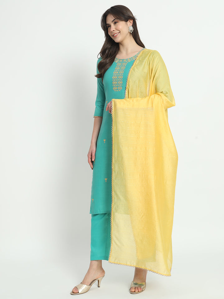 Elegant Turquoise Suit | Cotton top bottom with Viscose dupatta