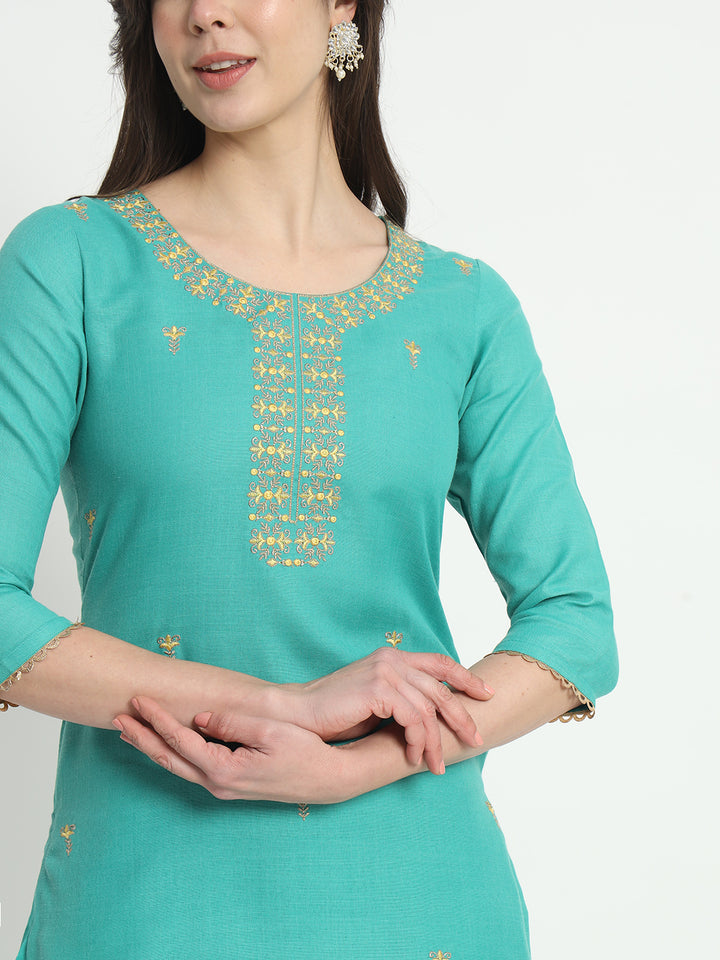 Elegant Turquoise Suit | Cotton top bottom with Viscose dupatta