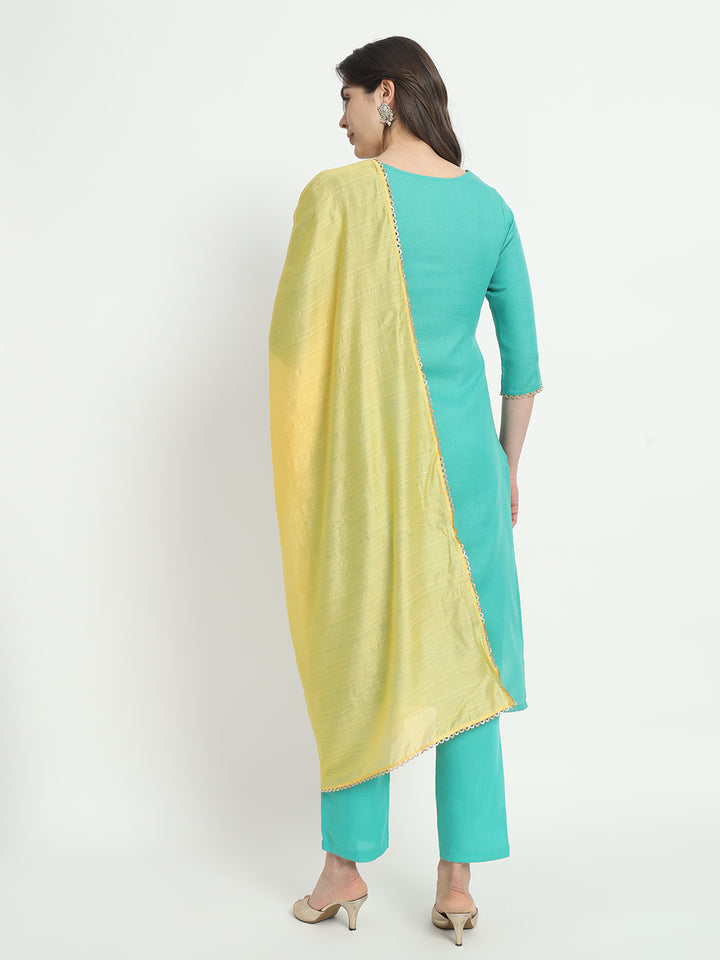 Elegant Turquoise Suit | Cotton top bottom with Viscose dupatta