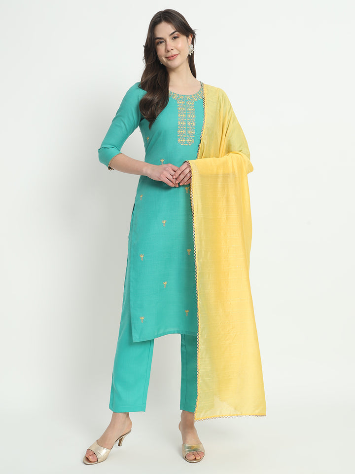 Elegant Turquoise Suit | Cotton top bottom with Viscose dupatta