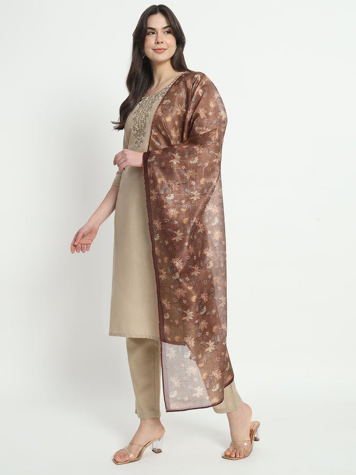 Graceful Beige Suit | Cotton top bottom with Viscose dupatta