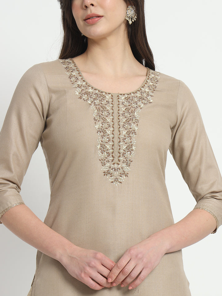 Graceful Beige Suit | Cotton top bottom with Viscose dupatta