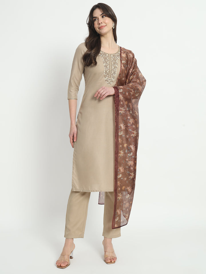 Graceful Beige Suit | Cotton top bottom with Viscose dupatta