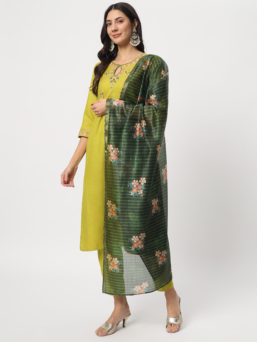 Elegant Lime Suit | Cotton top bottom with Viscose dupatta
