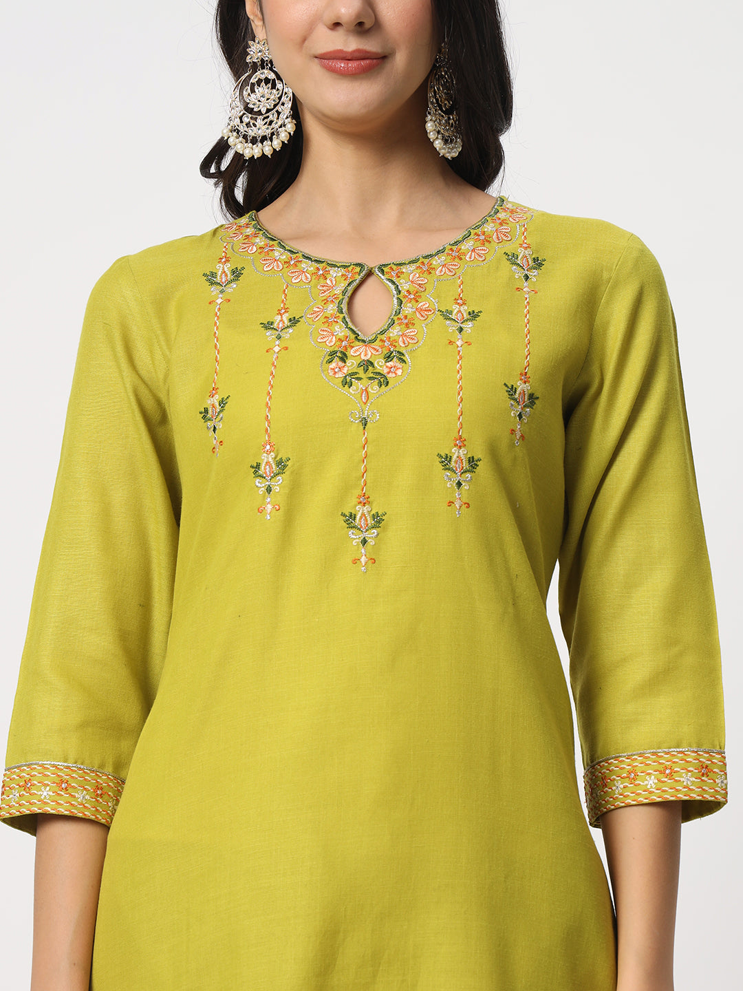 Elegant Lime Suit | Cotton top bottom with Viscose dupatta