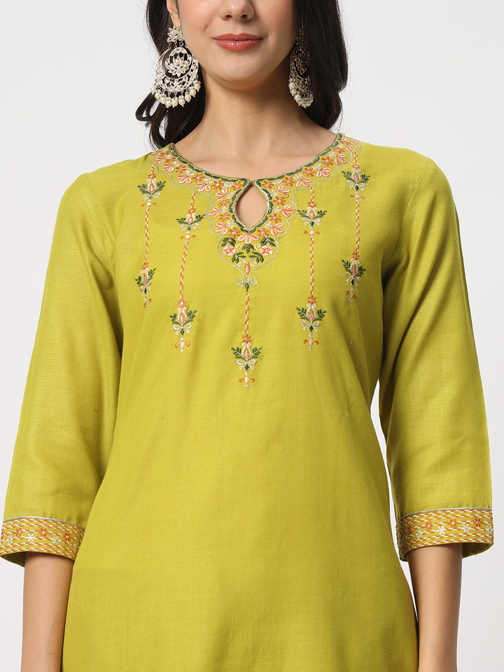 Elegant Lime Suit | Cotton top bottom with Viscose dupatta