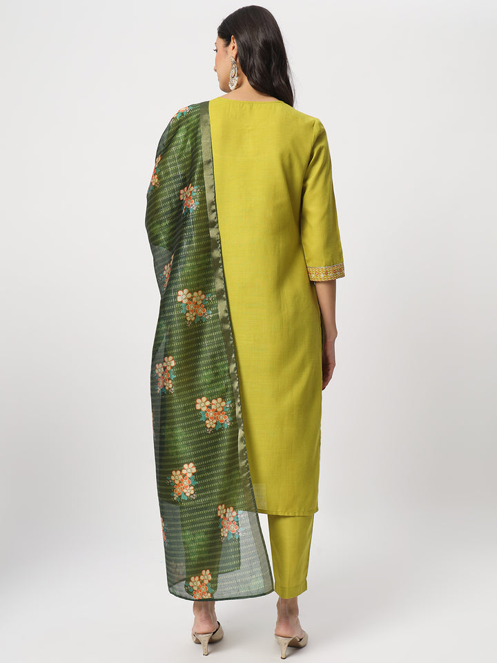 Elegant Lime Suit | Cotton top bottom with Viscose dupatta
