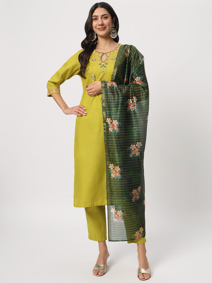 Elegant Lime Suit | Cotton top bottom with Viscose dupatta