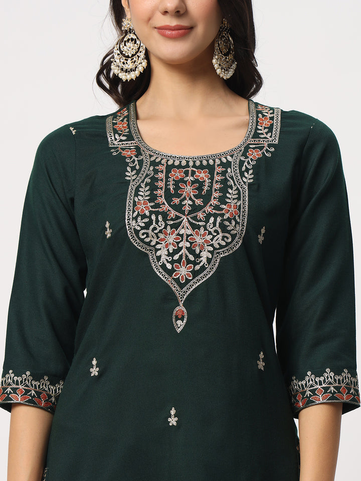Stunning Bottle Green Suit | Cotton top bottom with Viscose dupatta