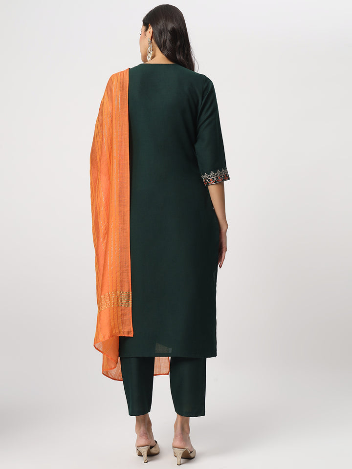 Stunning Bottle Green Suit | Cotton top bottom with Viscose dupatta