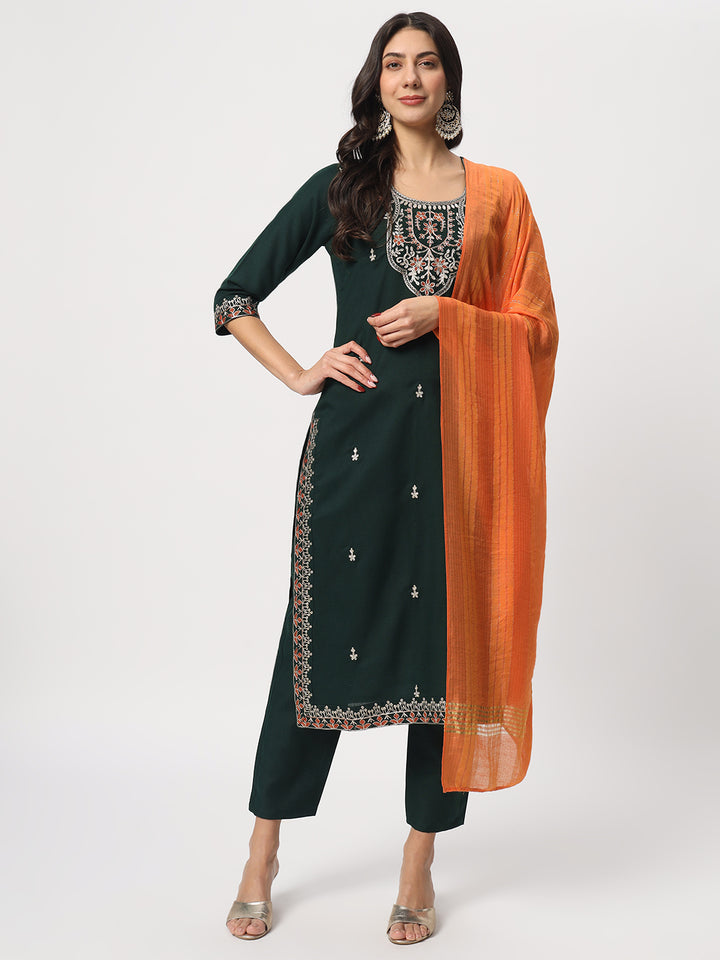 Stunning Bottle Green Suit | Cotton top bottom with Viscose dupatta