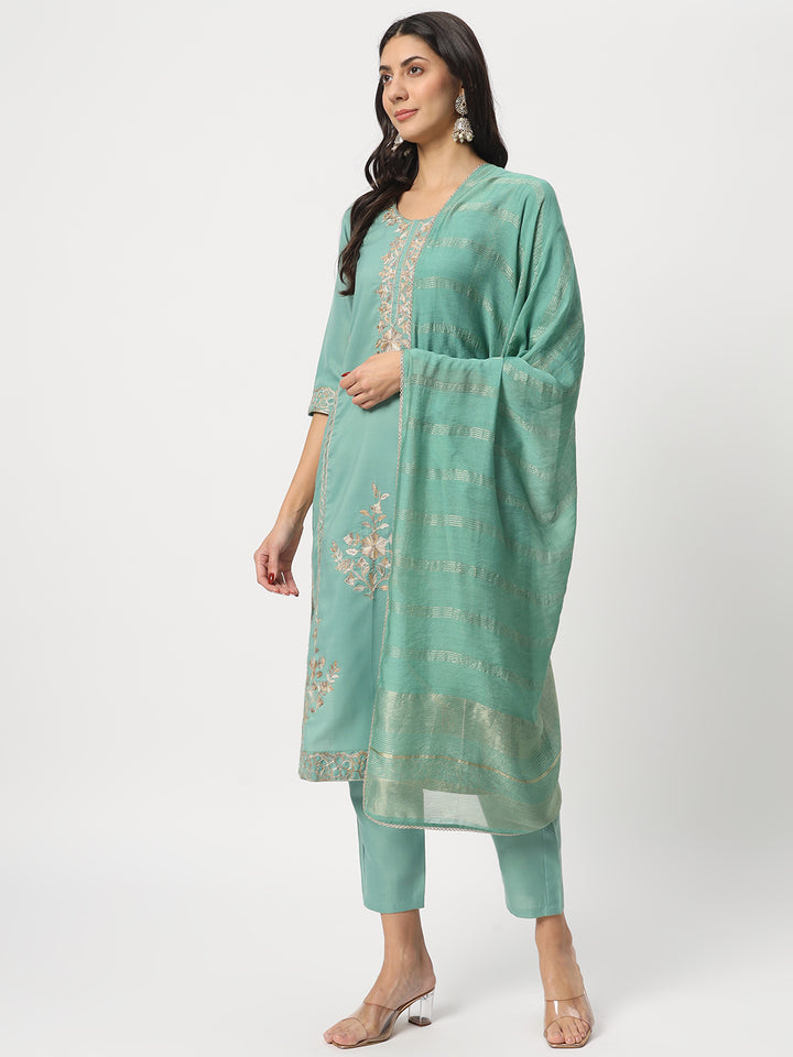 Graceful Sea Green Suit | Cotton top bottom with Viscose dupatta