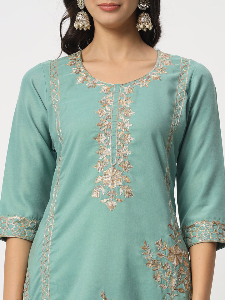 Graceful Sea Green Suit | Cotton top bottom with Viscose dupatta