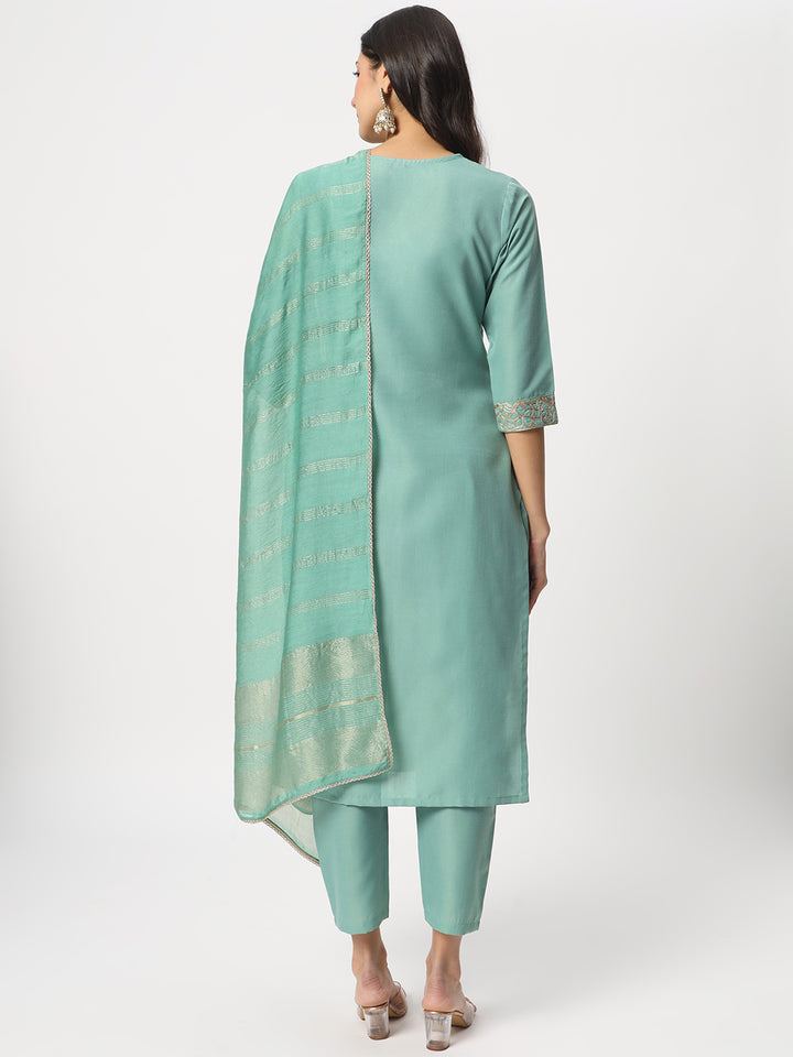 Graceful Sea Green Suit | Cotton top bottom with Viscose dupatta