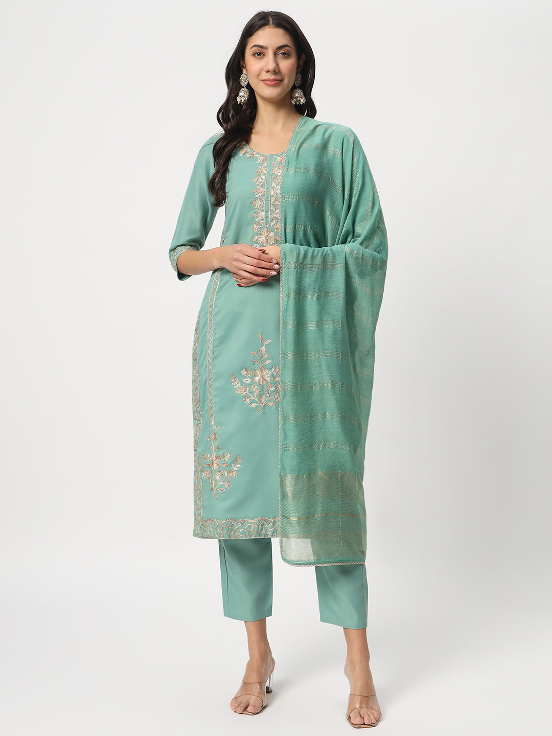 Graceful Sea Green Suit | Cotton top bottom with Viscose dupatta