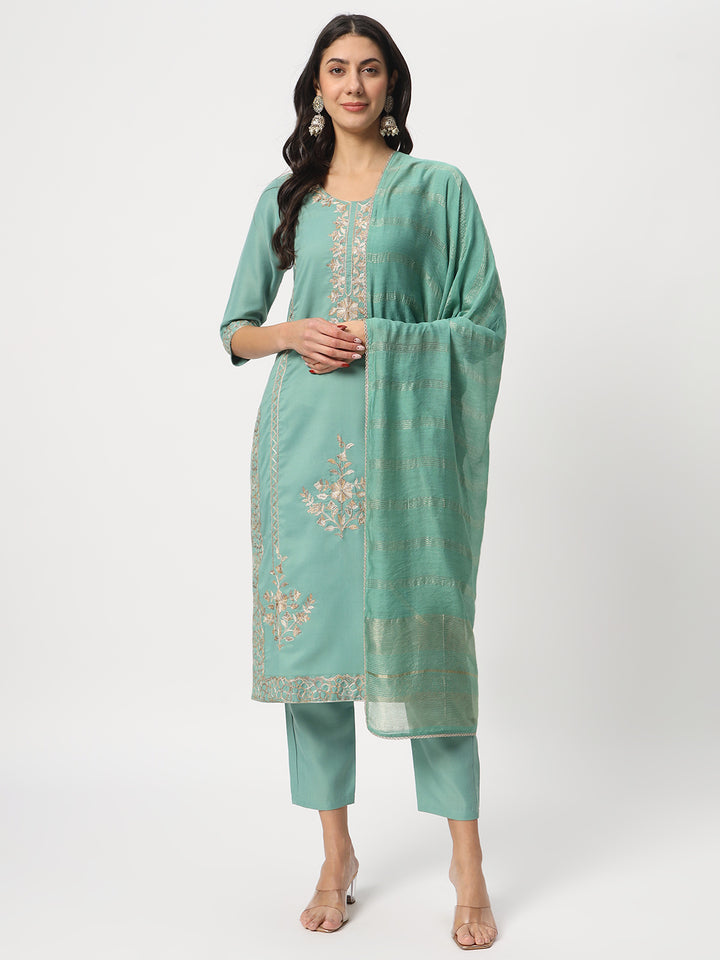 Graceful Sea Green Suit | Cotton top bottom with Viscose dupatta