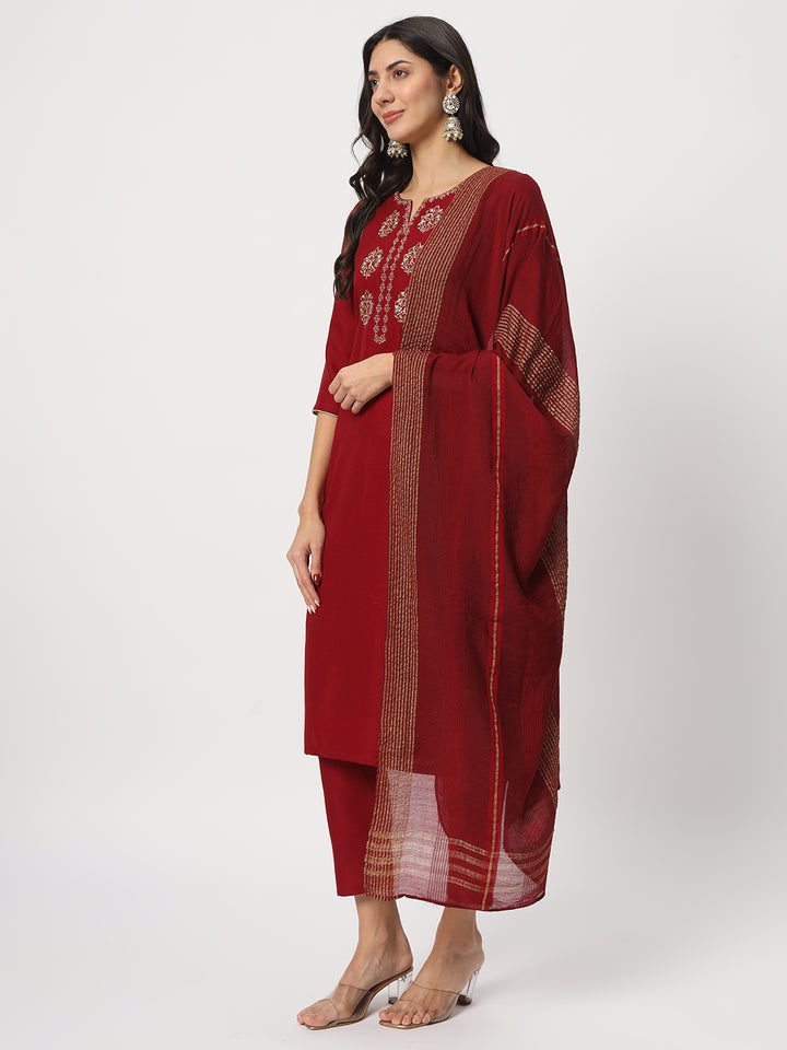 Elegant Maroon Suit | Cotton top bottom with Viscose dupatta