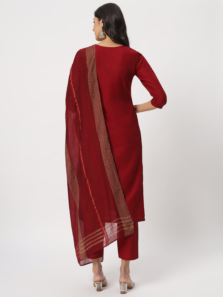 Elegant Maroon Suit | Cotton top bottom with Viscose dupatta