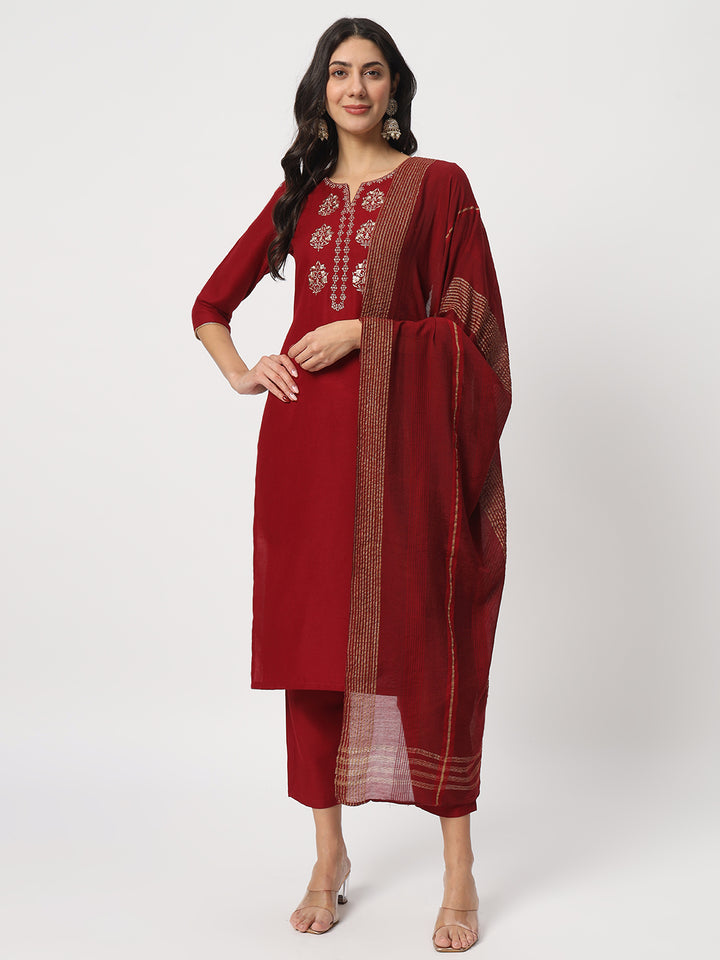 Elegant Maroon Suit | Cotton top bottom with Viscose dupatta