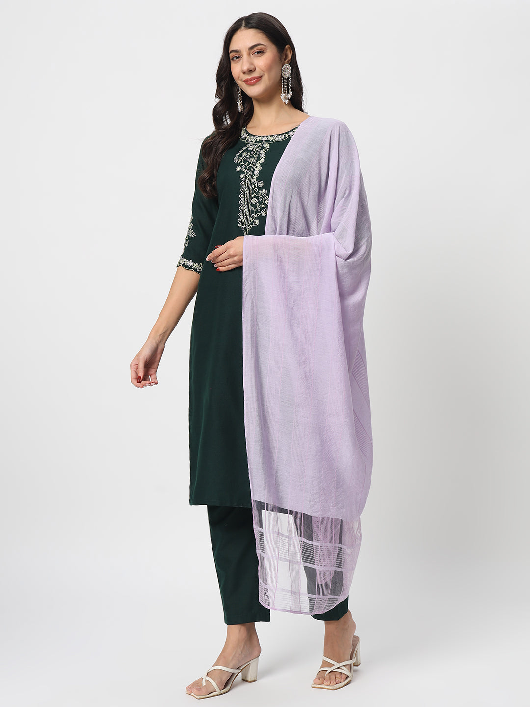 Charming Bottle Green Suit | Cotton top bottom with Viscose dupatta