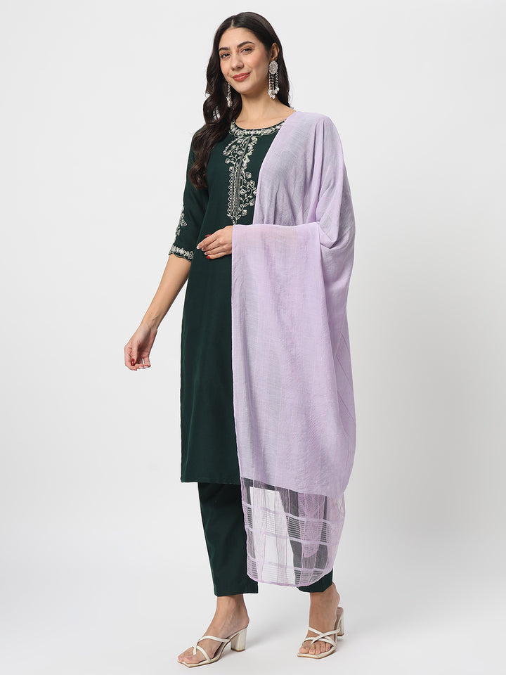 Charming Bottle Green Suit | Cotton top bottom with Viscose dupatta