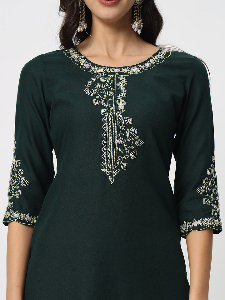 Charming Bottle Green Suit | Cotton top bottom with Viscose dupatta