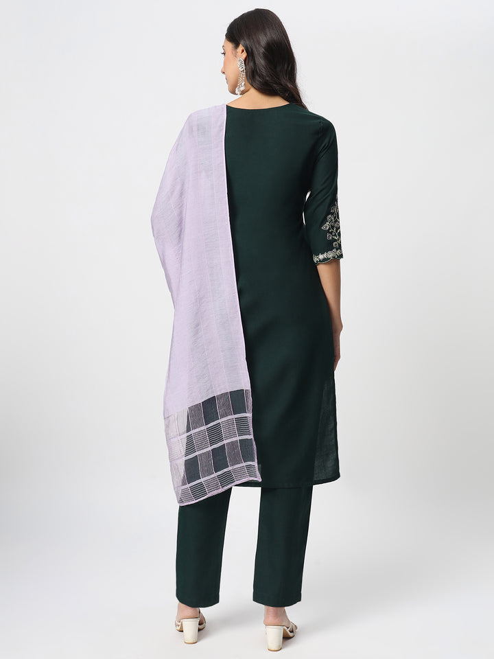 Charming Bottle Green Suit | Cotton top bottom with Viscose dupatta