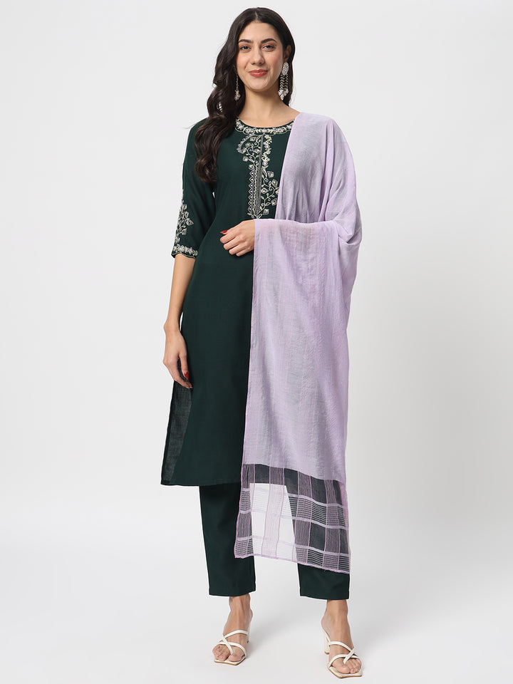 Charming Bottle Green Suit | Cotton top bottom with Viscose dupatta