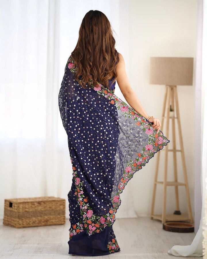 Exclusive Georgette Saree | Intricate  Multy Thread, Sequance Embroidery Work Embellishment