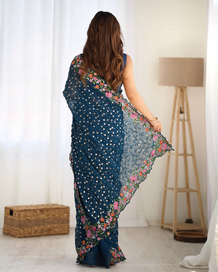 Exclusive Georgette Saree | Intricate  Multy Thread, Sequance Embroidery Work Embellishment
