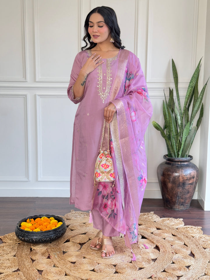 Charming Lavender Suit | Chanderi top bottom with Jacquard Butti dupatta