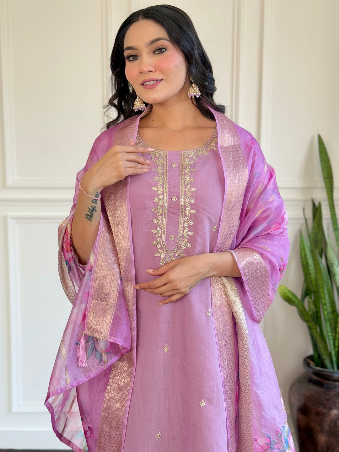 Charming Lavender Suit | Chanderi top bottom with Jacquard Butti dupatta